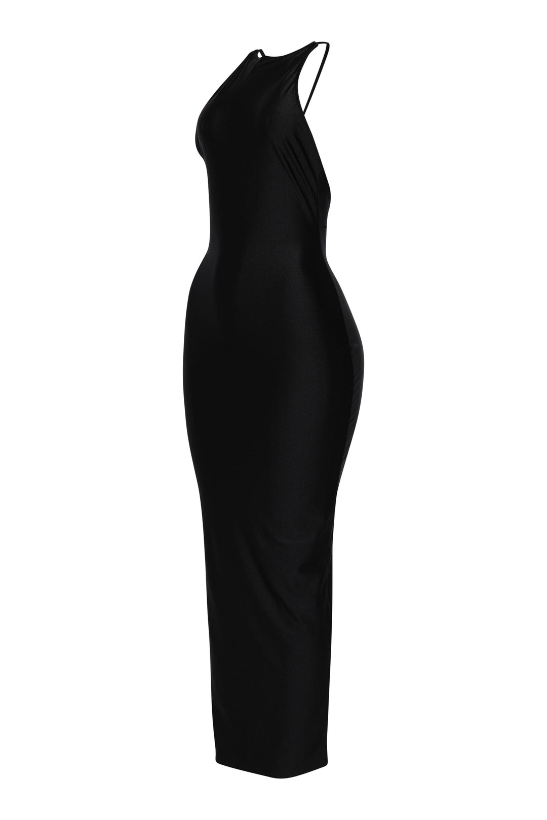 • Glossy black open back dress with string tie and curve-hugging fit
