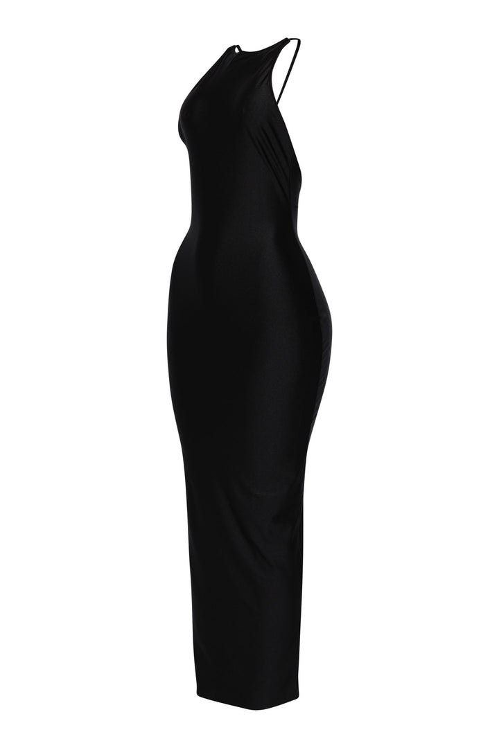 • Glossy black open back dress with string tie and curve-hugging fit
