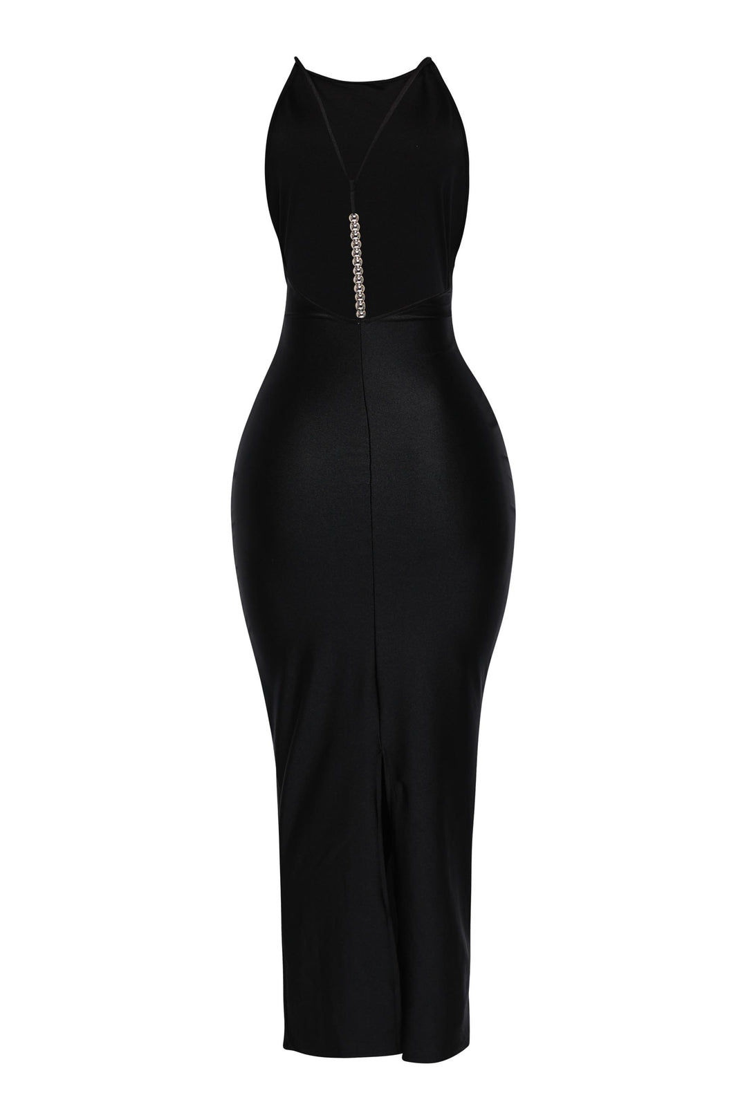 • Black nylon back slit halter maxi dress for night out


