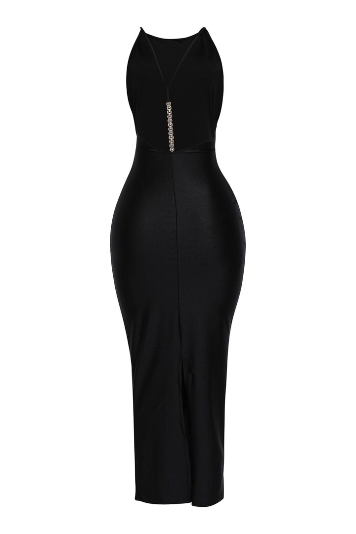 • Black nylon back slit halter maxi dress for night out

