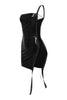 Sleeveless black dress with reptile texture and adjustable lace-up detailing


