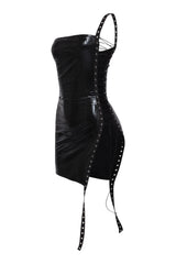Sleeveless black dress with reptile texture and adjustable lace-up detailing

