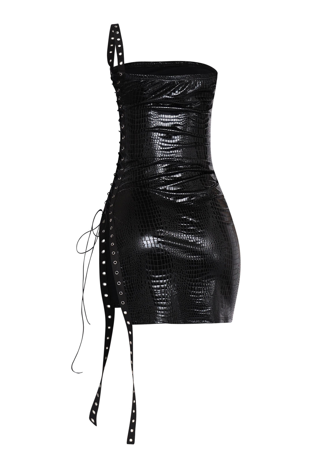 Bodycon black faux leather mini with bold cutout side and grommet tie accents

