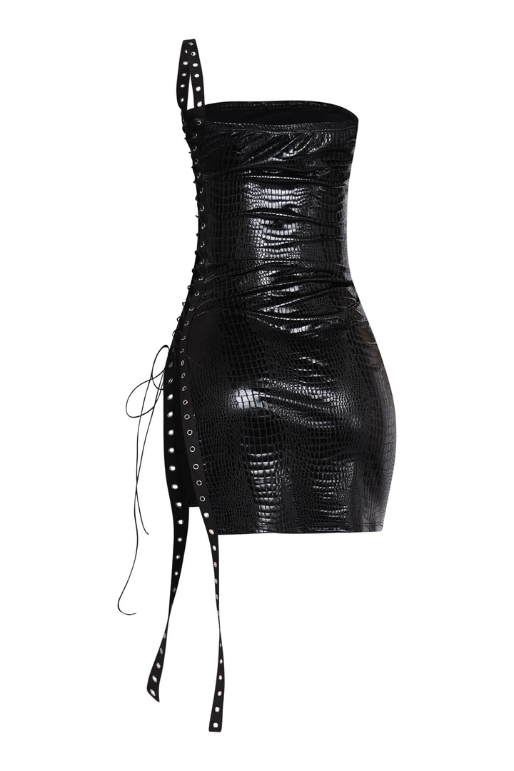 Bodycon black faux leather mini with bold cutout side and grommet tie accents


