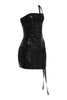 Shiny black tube dress with crocodile pattern and side lace-up corset detail

