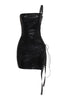 Black faux croc leather mini dress with edgy lace-up side and strapless top

