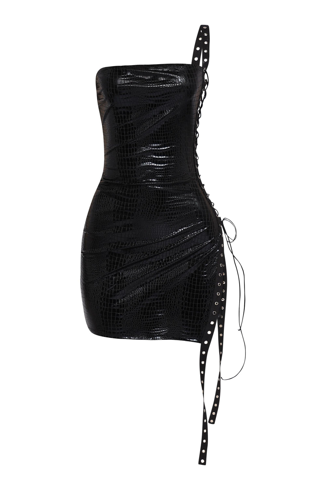 Black faux croc leather mini dress with edgy lace-up side and strapless top

