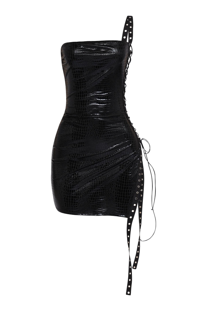 Black faux croc leather mini dress with edgy lace-up side and strapless top

