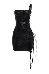 Black faux croc leather mini dress with edgy lace-up side and strapless top

