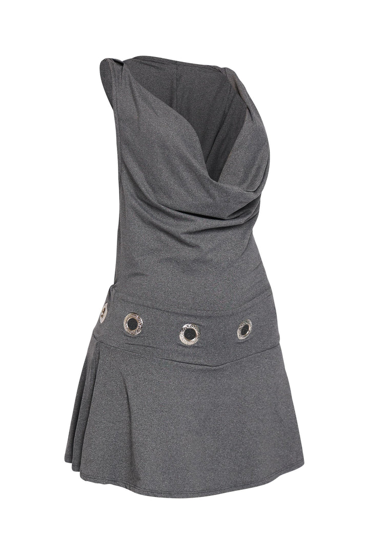 Sleek charcoal dress with metallic eyelets and flared hem