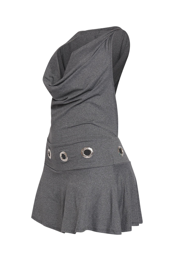 Dark grey hoodie mini with open back and built-in shorts