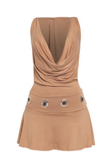 Camel hoodie mini dress with cowl front and open back