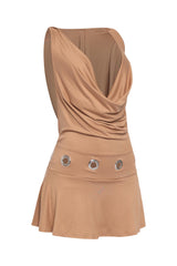 Camel-toned dress with eyelet detail and hooded cut