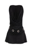 • Black hoodie mini dress with eyelet waist and cowl neckline
