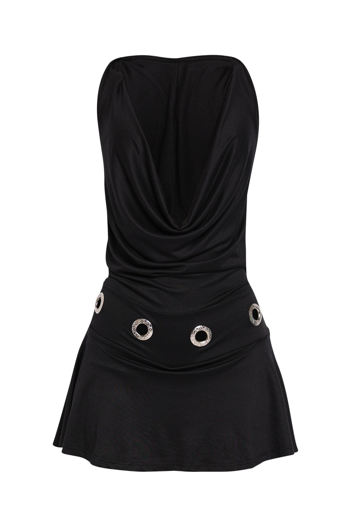 • Black hoodie mini dress with eyelet waist and cowl neckline
