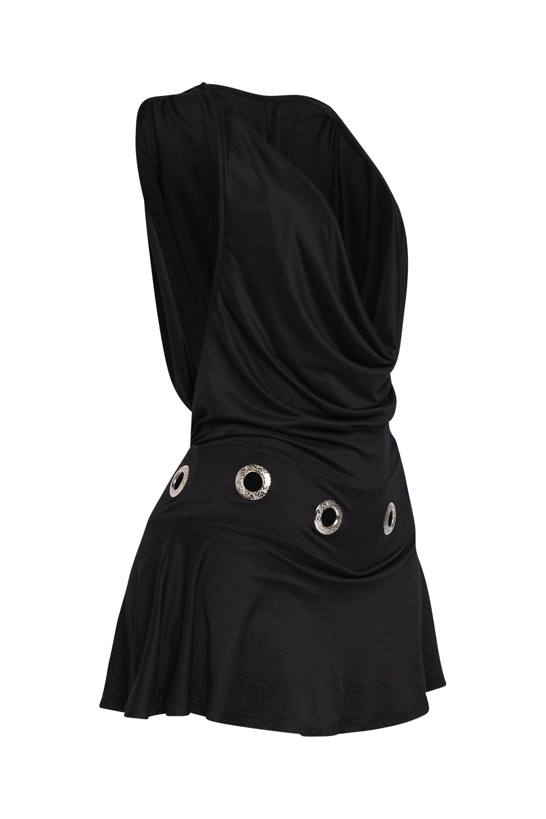 Black hooded dress featuring open back and built-in shorts