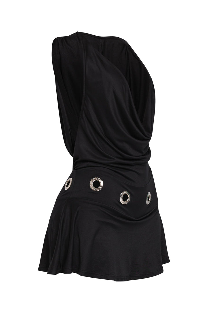 Black hooded dress featuring open back and built-in shorts