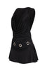 Sleeveless black mini dress with silver eyelet trim