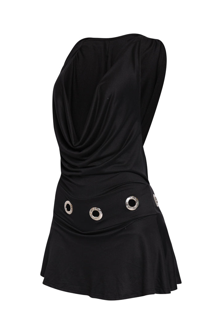 Sleeveless black mini dress with silver eyelet trim