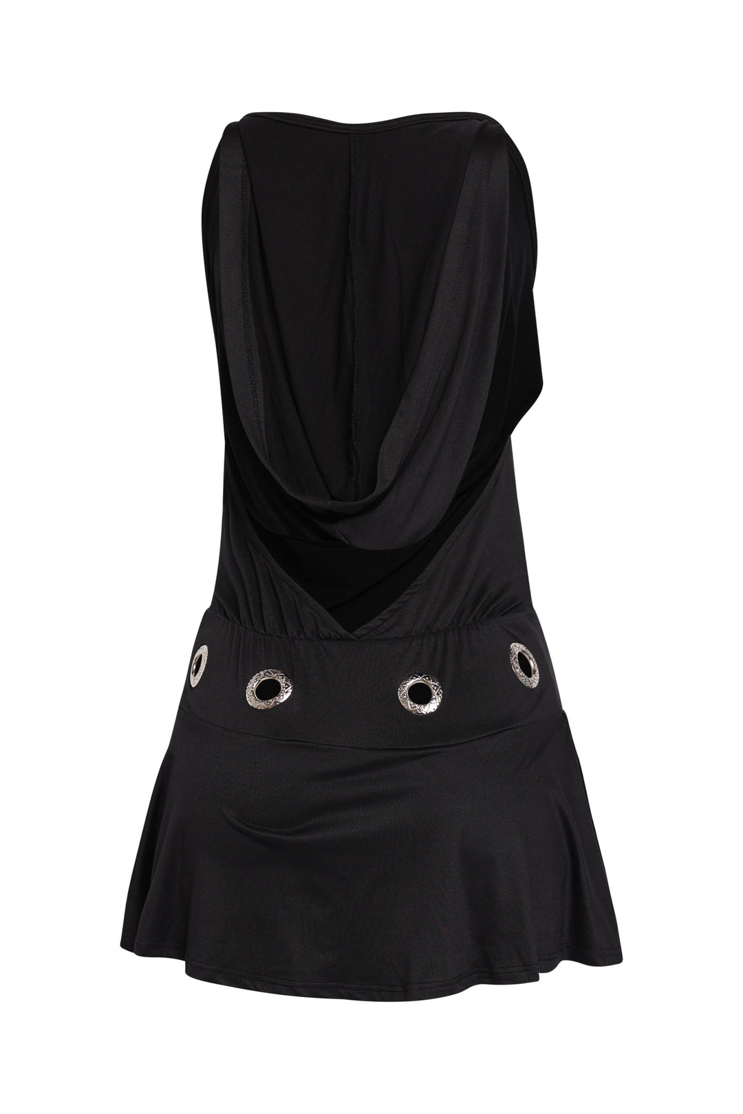 Black flare hem mini dress with streetwear-inspired details