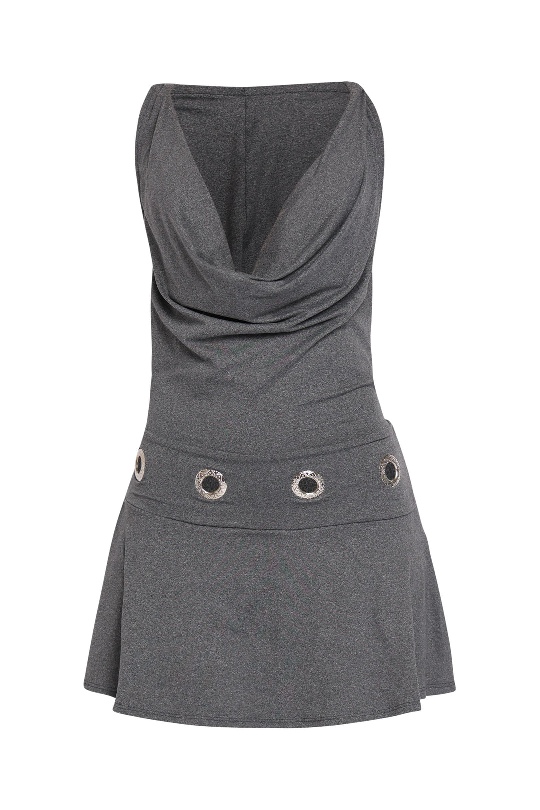 Charcoal mini dress with hoodie back and open cowl front