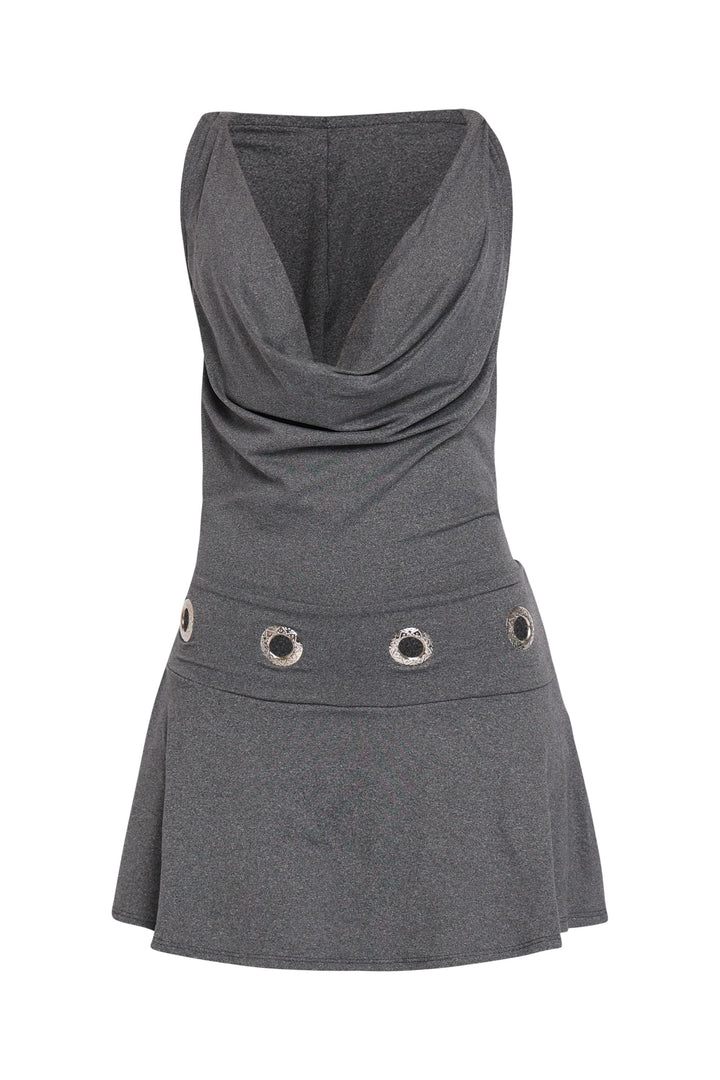 Charcoal mini dress with hoodie back and open cowl front