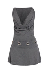 Charcoal mini dress with hoodie back and open cowl front