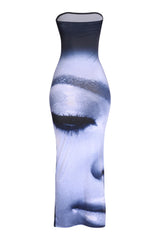 Photorealistic face graphic bodycon tube dress in soft stretch fabric


