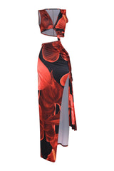 Black red print swim cover-up with waist cutout and side slit