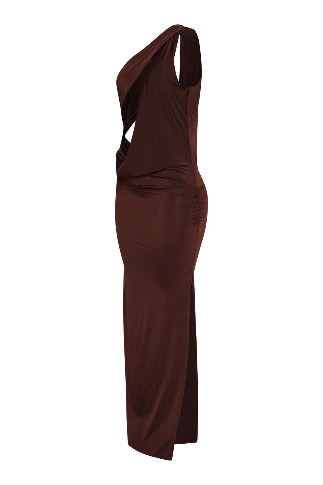 Luxe brown cutout maxi with sculpting silhouette and statement slit