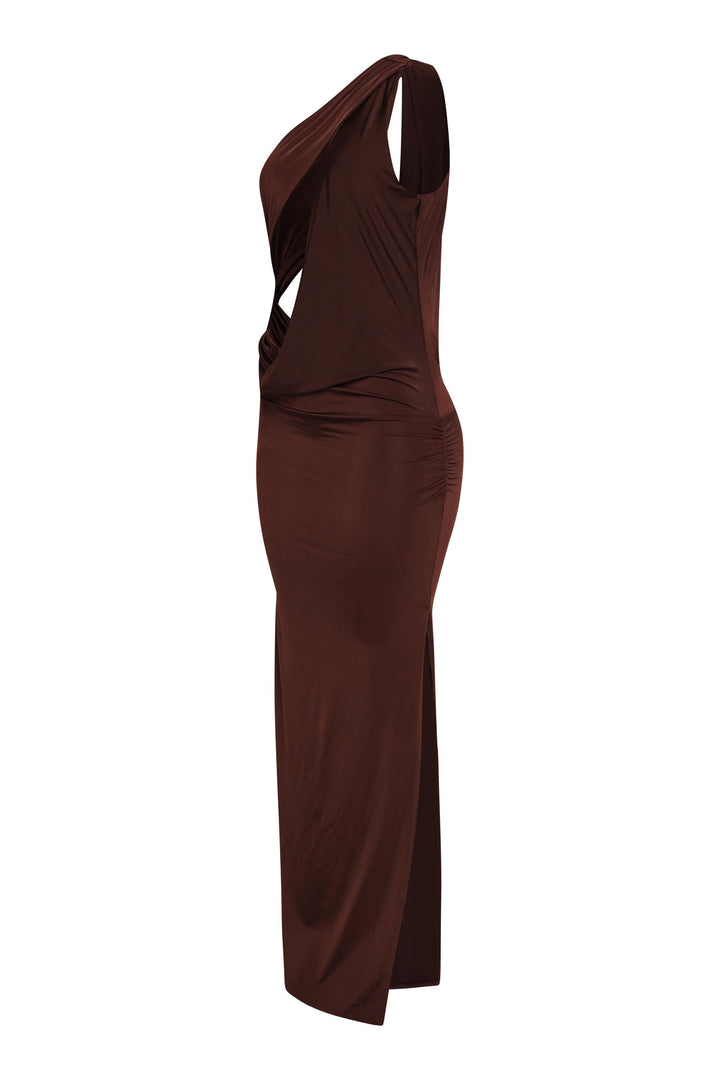 Luxe brown cutout maxi with sculpting silhouette and statement slit
