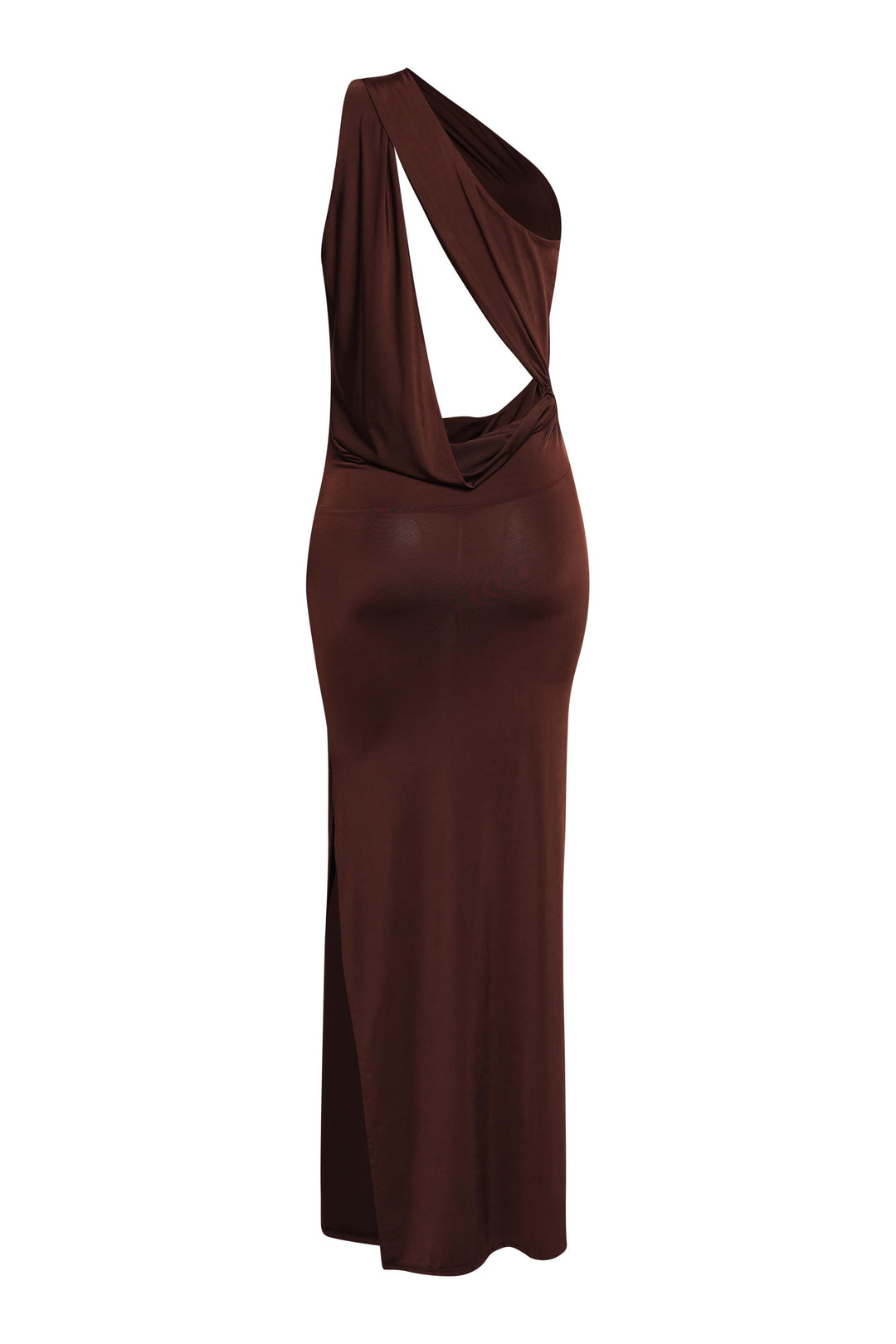 Chocolate brown slit maxi dress in stretch fabric with one-shoulder cut