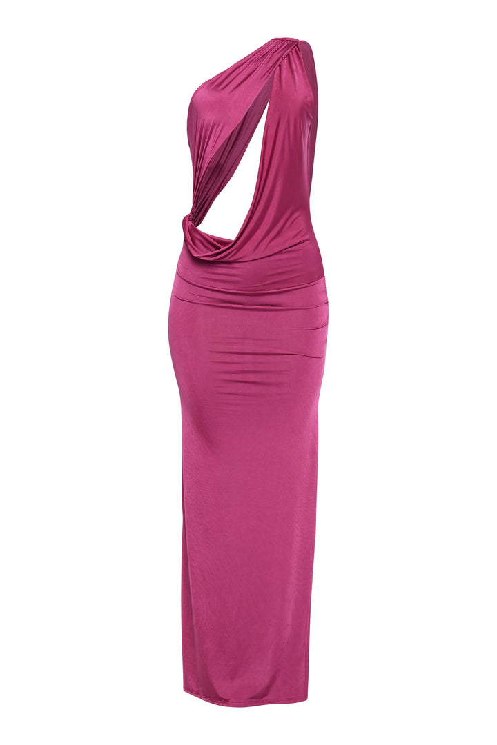 Magenta one shoulder maxi dress with cutout waist and side slit