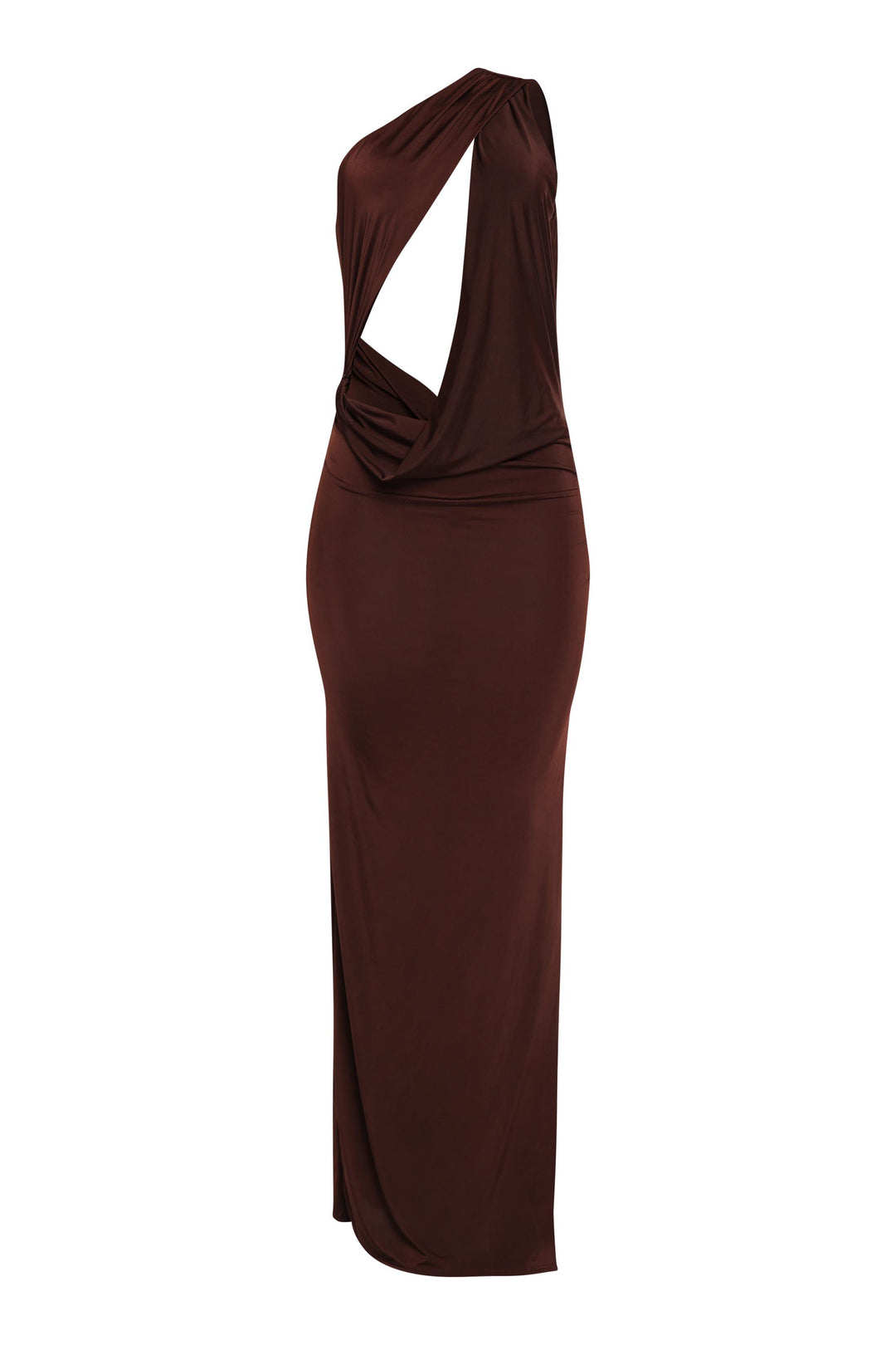 Chocolate one shoulder maxi dress with asymmetrical cutouts