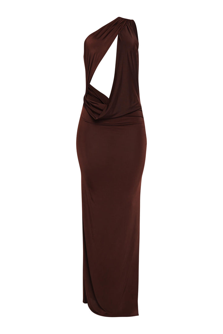 Chocolate one shoulder maxi dress with asymmetrical cutouts