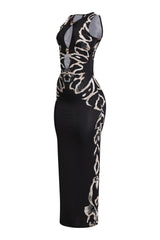 Printed side maxi dress with front and back keyhole and sculpted fit