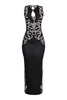 Black and tan keyhole front maxi dress with printed side panels and trim detail
