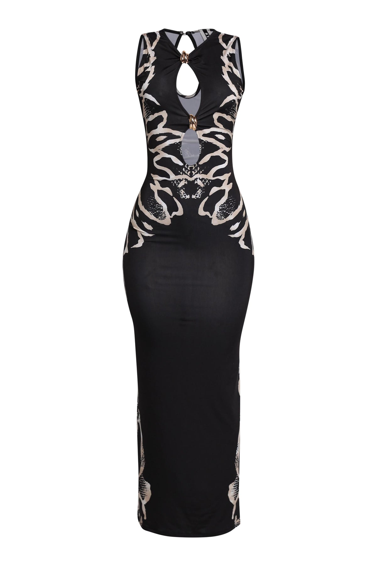 Black and tan keyhole front maxi dress with printed side panels and trim detail
