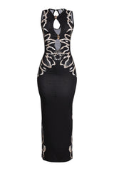 Black and tan keyhole front maxi dress with printed side panels and trim detail