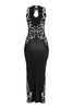 Sleek printed bodycon maxi with V neckline and open back cutout
