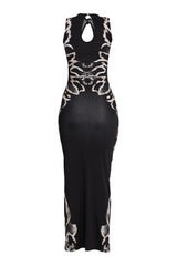 Sleek printed bodycon maxi with V neckline and open back cutout