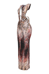Elegant brown animal print dress with trimmed detail