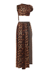 Leopard print top and skirt set on a white background