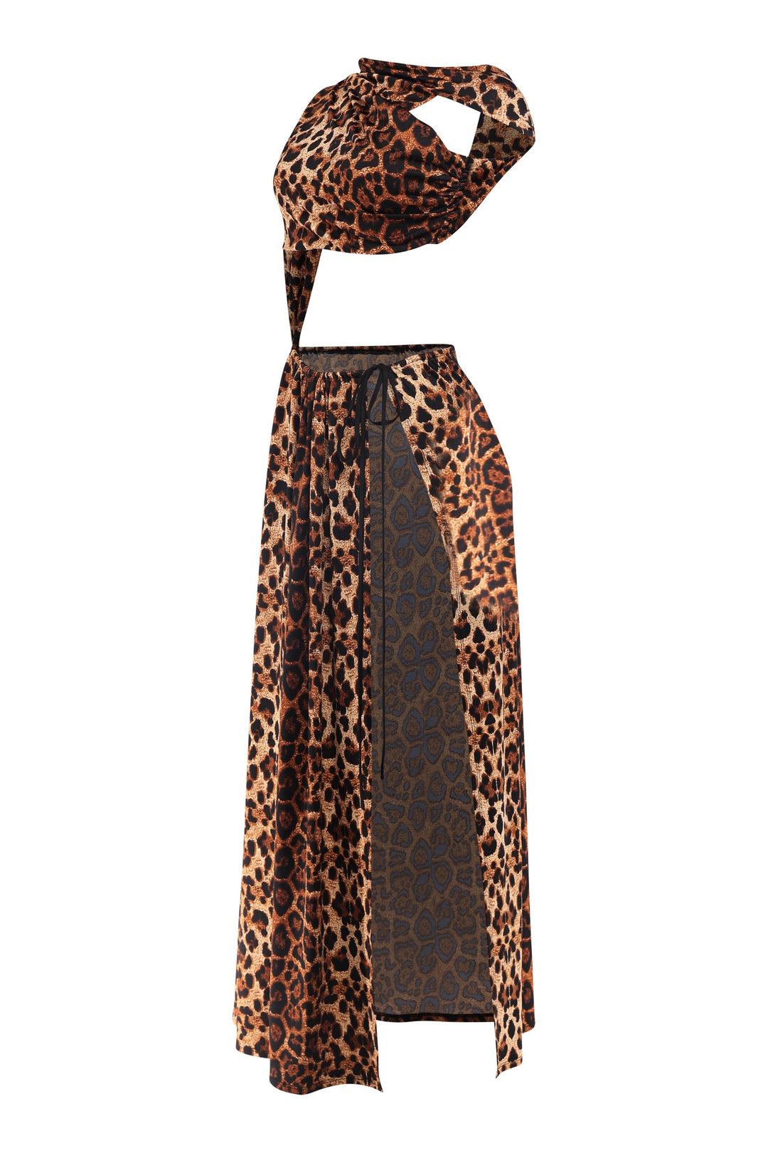 Leopard print top and skirt set on a white background