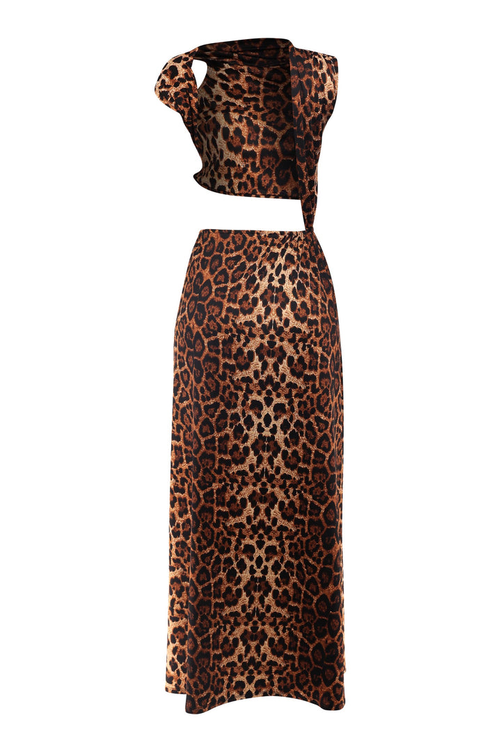 Leopard print two-piece outfit on a white background