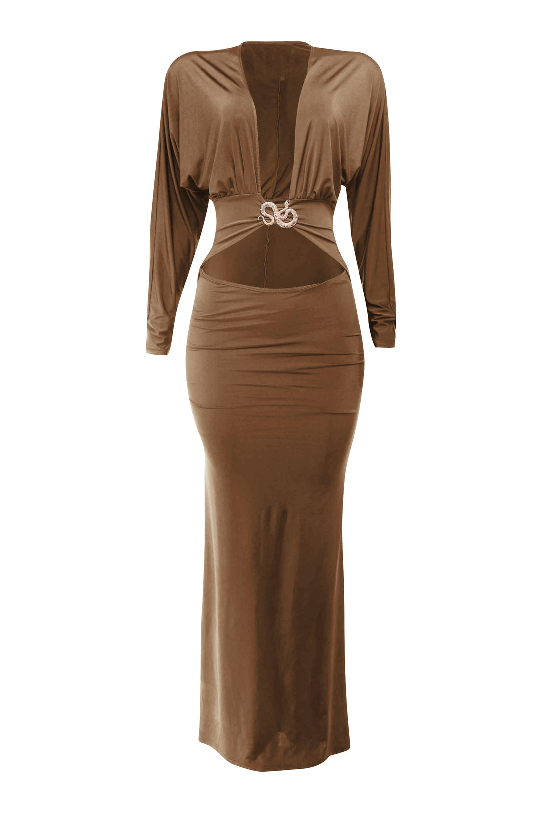 Brown dress with long sleeves and a belt on a white background