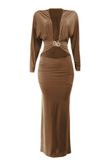 Brown dress with long sleeves and a belt on a white background