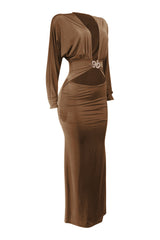 Brown dress with long sleeves and cut-out design on a white background