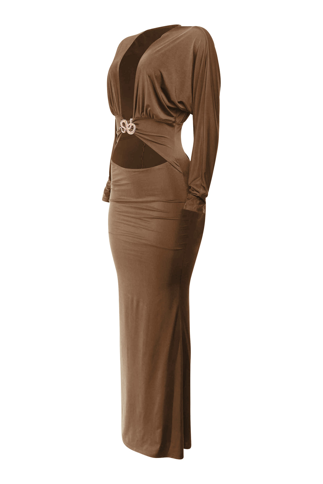 Brown evening gown with a slit on a white background