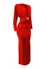 Red evening gown with long sleeves on a white background